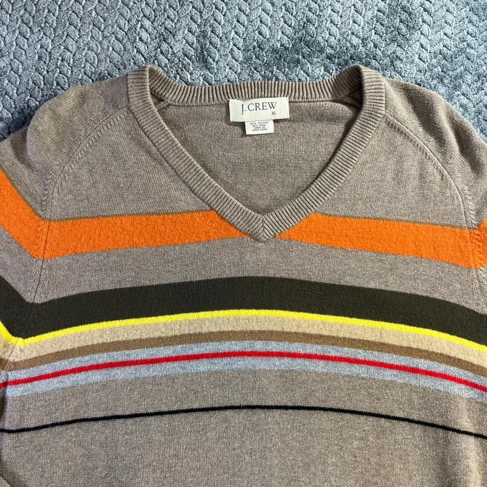 J Crew Men's V Neck Striped Sweater XL‎ Cotton Wool Blend Taupe Orange